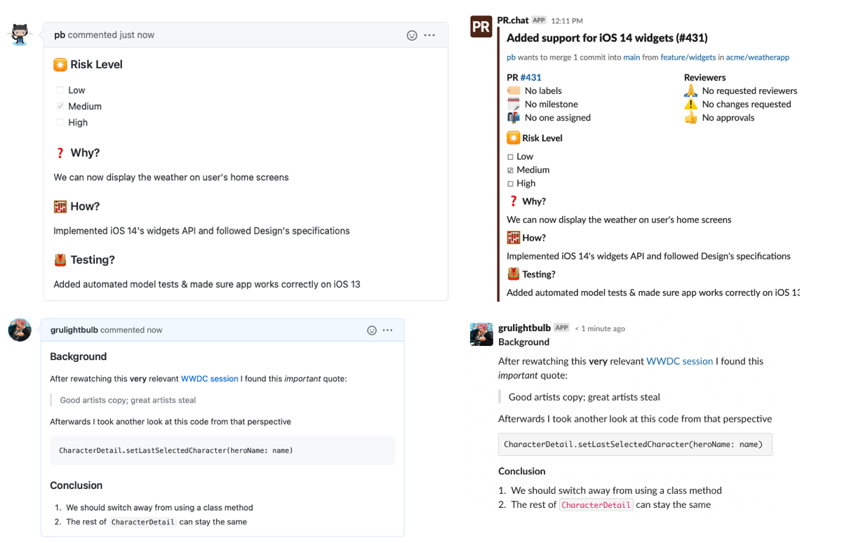 PR body and comment formatting is preserved in Slack messages