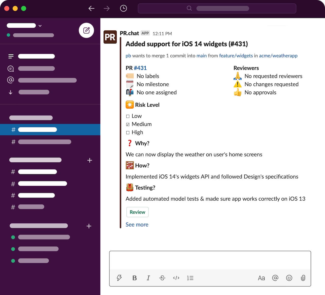 Slack message with all relevant PR information from Github